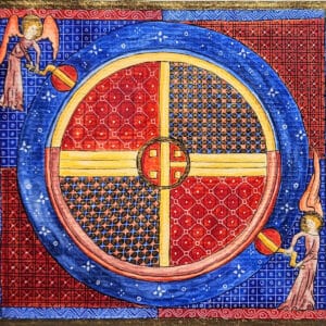 Photo of a quilt showing two angels cranking a large circle