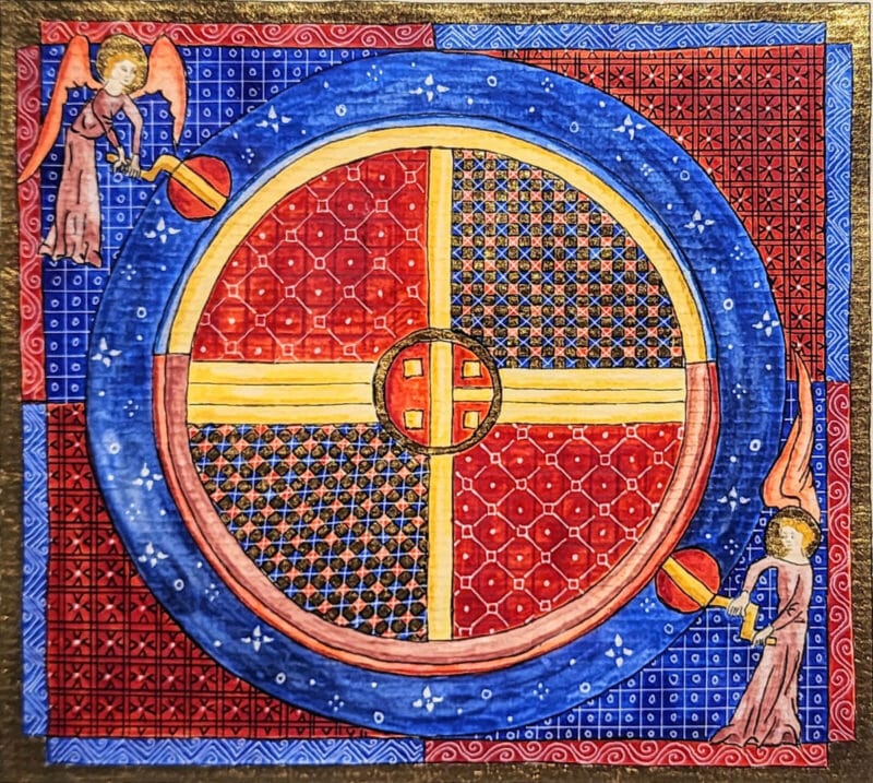 Photo of a quilt showing two angels cranking a large circle