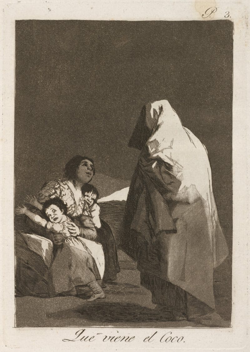 Image of a robed figure threatening a mother and two children