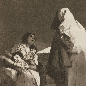 Image of a robed figure threatening a mother and two children