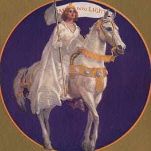 Poster depicting a woman in white wit h a flag on a white horse