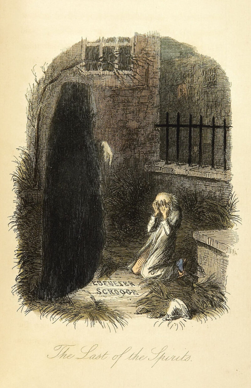 Etching of Ghost of Christmas to come and a young Scrooge