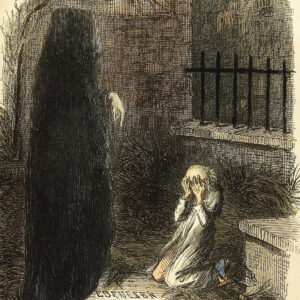 Etching of Ghost of Christmas to come and a young Scrooge