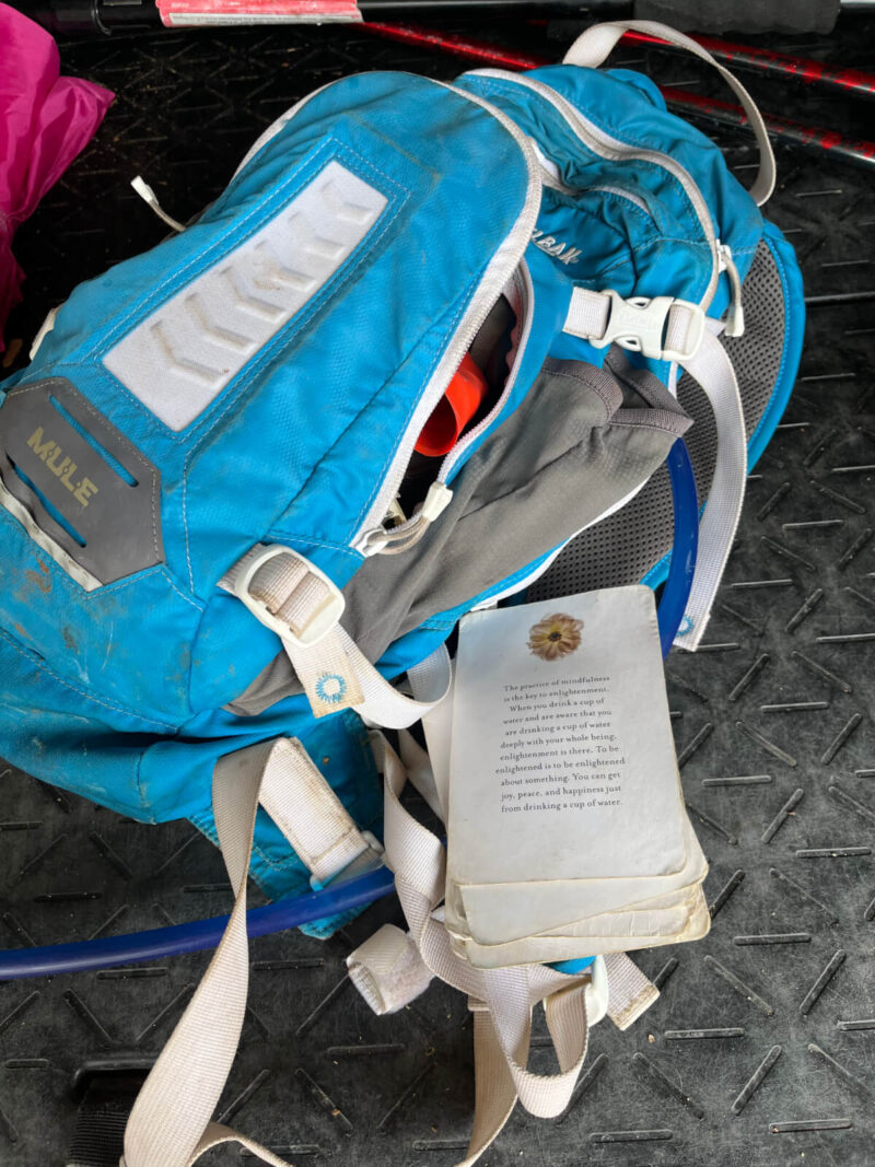 Photo of backpack with mindfulness cards attached