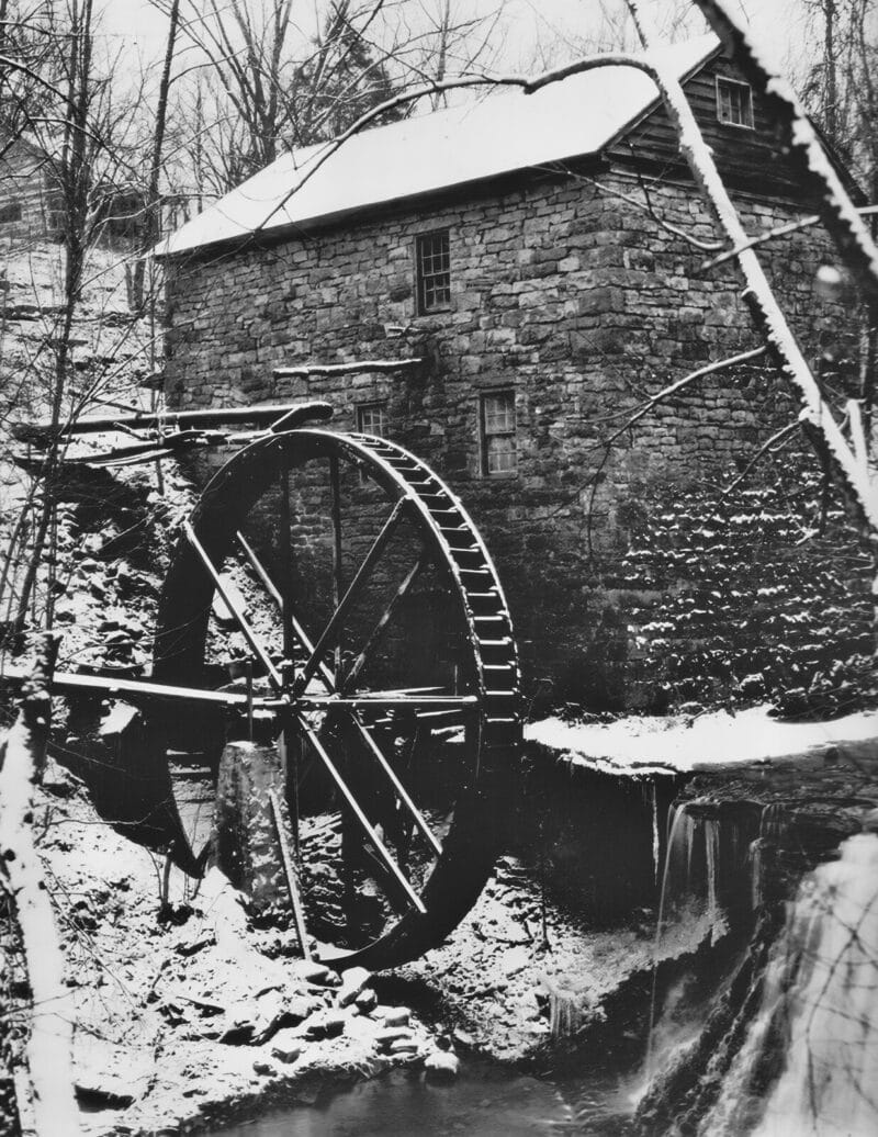 Black and white photo of Wolf Pen Mill