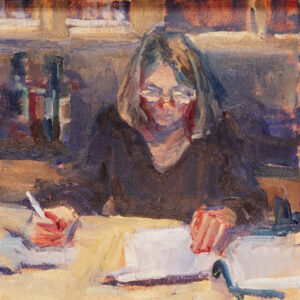 Painting of a woman writing in a journal