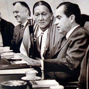 President Richard Nixon with Taos Pueblo Tribal Elders during the 1970 legislative signing that returned Blue Lake.
