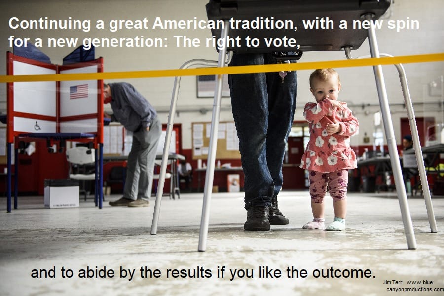 Photo with caption - continuing a great American tradition, with a new spin for a new generation: the right to vote, and to abide by the results if you like the outcome.