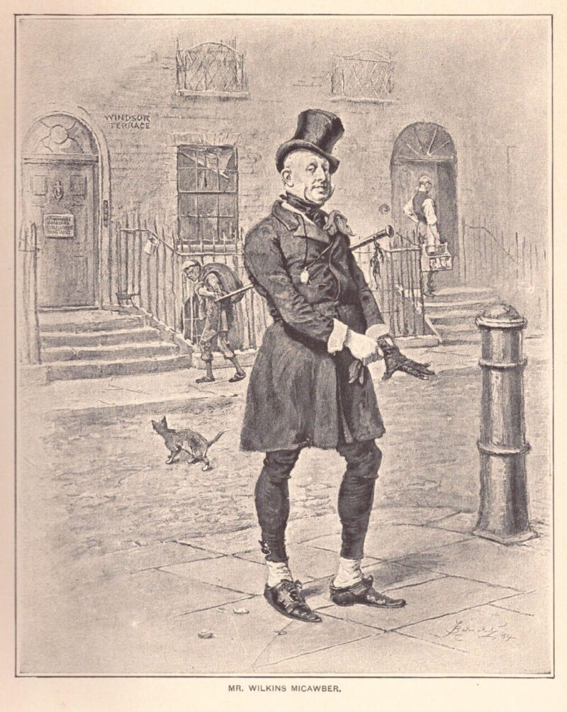 Etching of a well-dressed Mr. Micawber in a London street scene