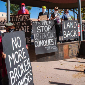 Photo of protestors in the Santa Fe plaza