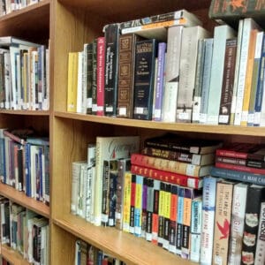 Truchas, New Mexico library book shelves